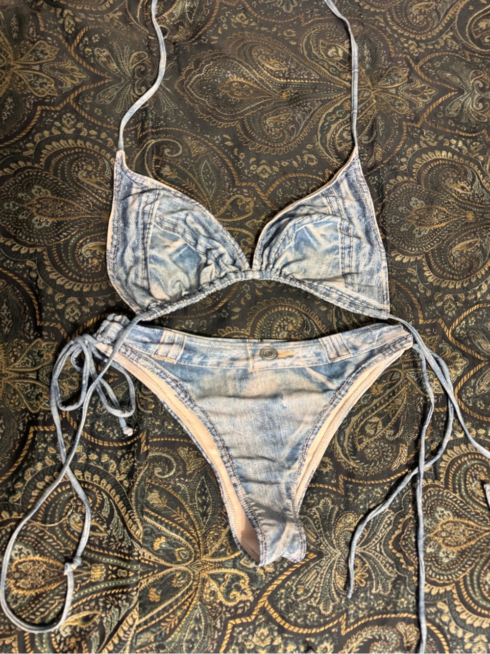 Denim-Effect Blue Triangle Bikini Set - Women Intimates & Sleepwear